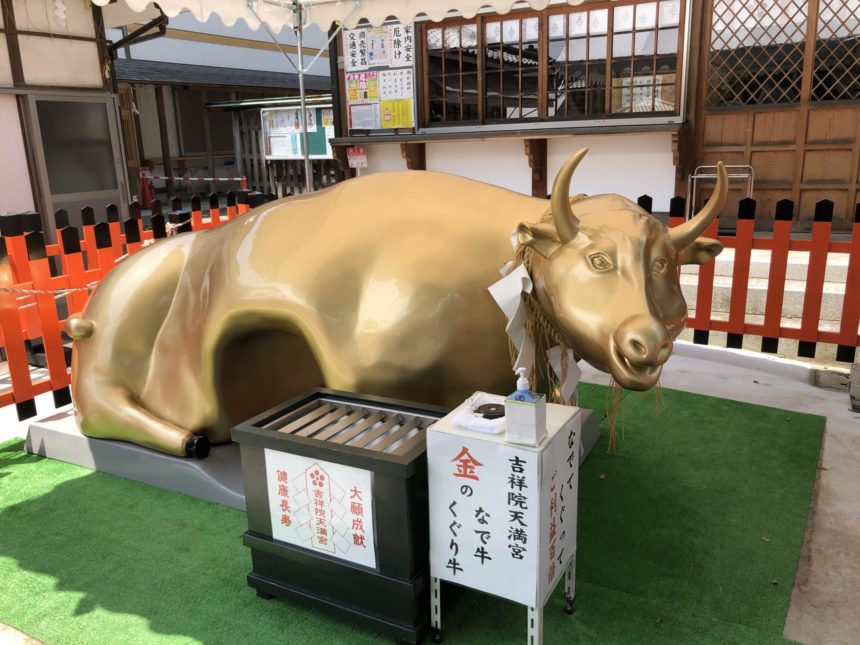 金色に光る吉祥院天満宮のなで牛